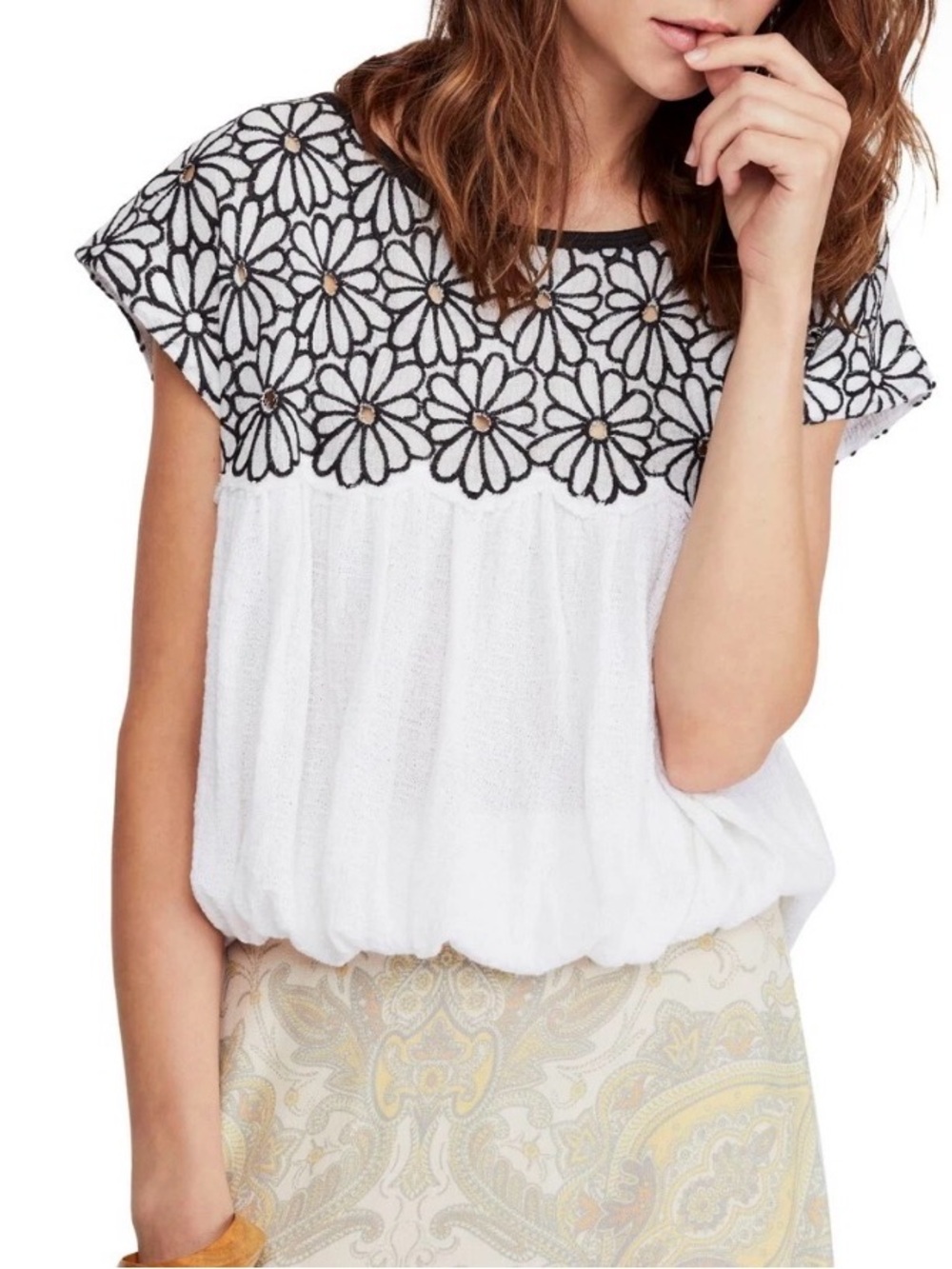 Free People Georgia Bubble top Ivory with black Floral design large